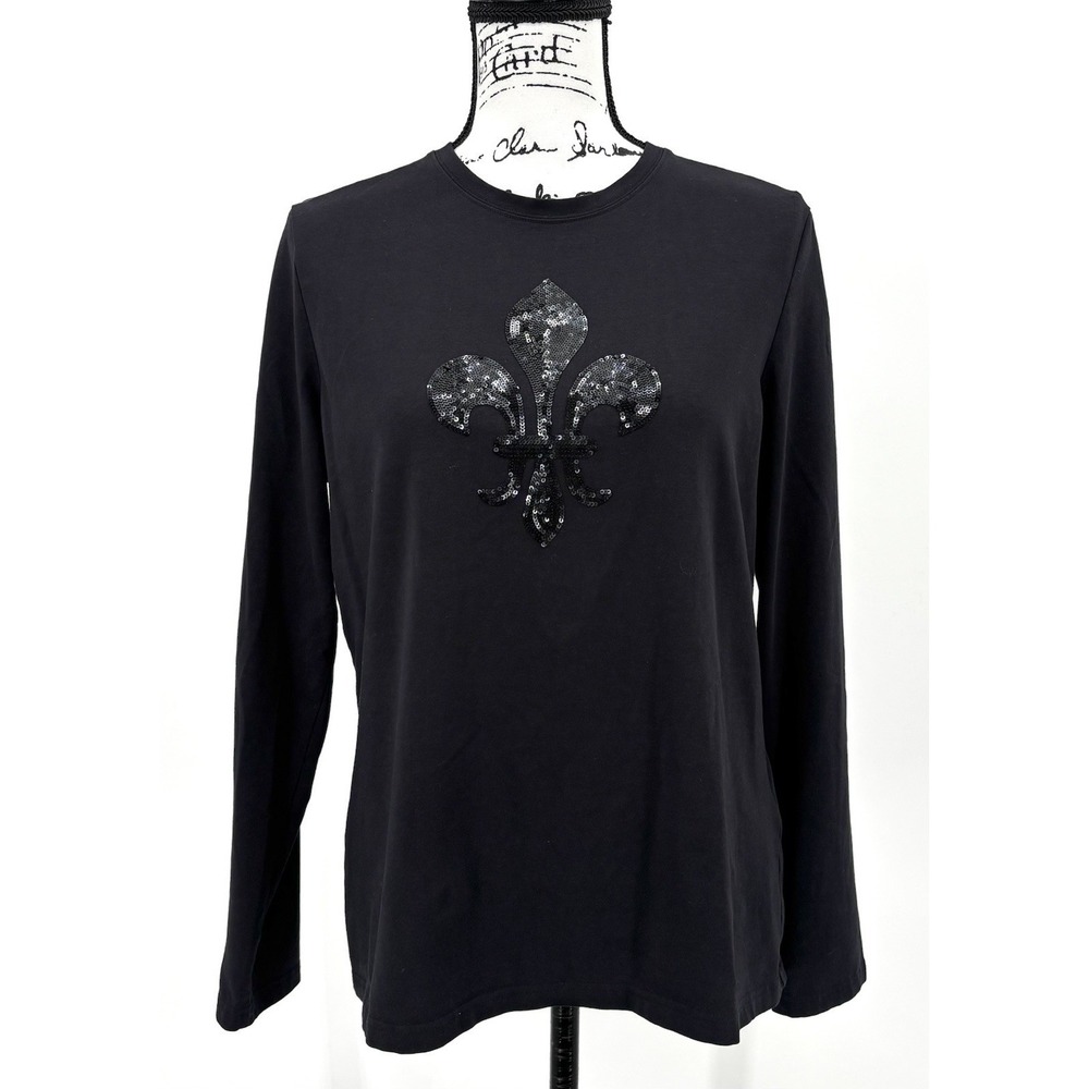 Talbots Long Sleeve Top Large Black Sequin Fleur De Lis Cotton Stretch Shirt